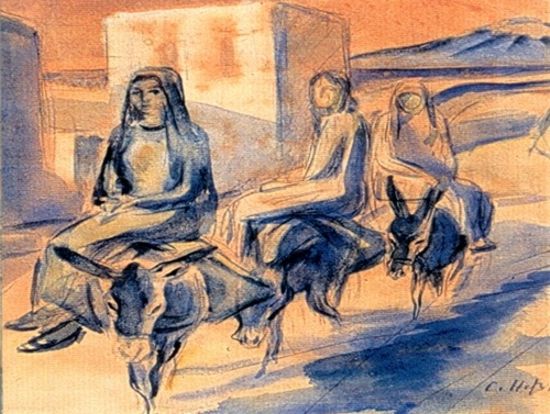 <b>Donne sull'asino</b><br>"Donne sull'asino"<br>acquerello, cm 22,5x24<br>Messina 1930, coll. privata