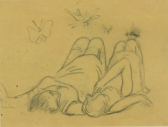 <b>Farfalle come aquiloni</b><br>"Donne sul prato"<br>matita su carta, cm 12,8x18<br>Austria 1923, coll. privata