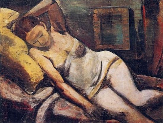 <b>Ragazza che dorme sul cuscino giallo</b><br>"Ragazza che dorme sul cuscino giallo"<br>olio su tela, cm 84x101, Messina 1928<br>Museo d'Arte moderna di Bolzano