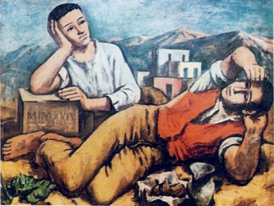 <b>Il riposo dei muratori</b><br>"Il riposo dei muratori"<br>olio su tela, cm 100x118<br>Messina 1929, coll. privata